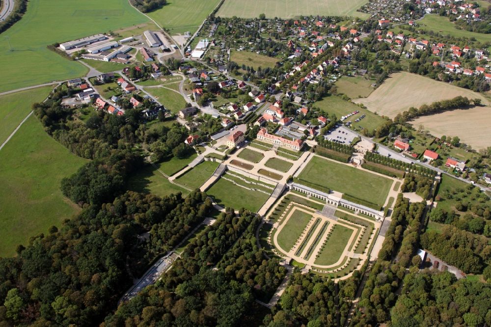 Aerial image Heidenau - Grossedlitz's baroque garden with lock in Heidenau in Saxony. The Grossedlitz baroque garden with the Frederick lodge and upper and lower Orangery is situated on a hill in the town of Heidenau