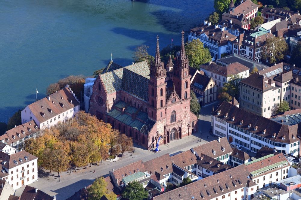 Aerial image Basel - Church building of the cathedral Basler Muenster in the old town in Basel, Switzerland