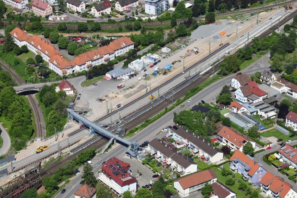 Weil am Rhein from the bird's eye view: Construction and maintenance work on the railway track of the German railway for the four-lane expansion in Weil am Rhein in the state Baden-Wurttemberg, Germany