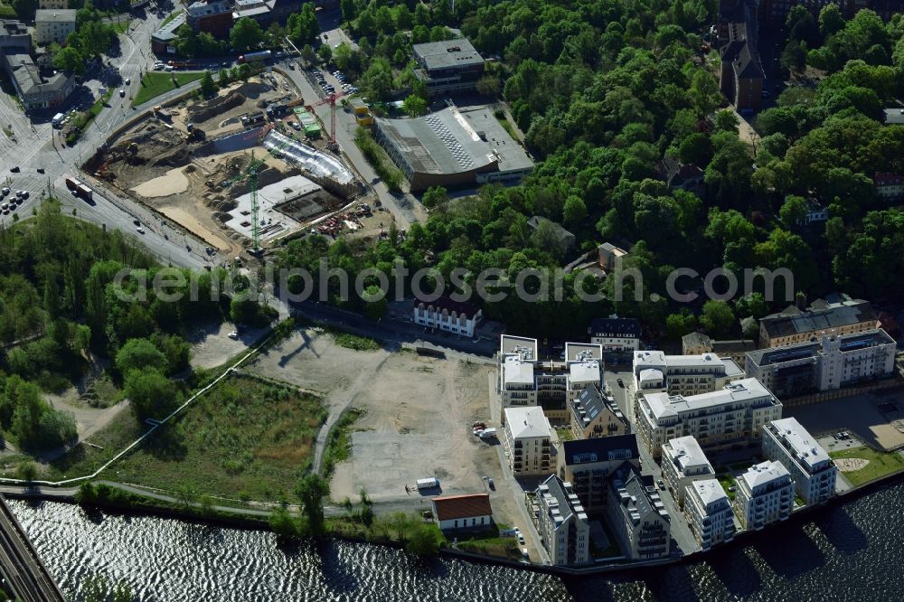 Potsdam from above - View of the construction works in the historic warehouse district in Potsdam in the state Brandenburg. Condominia and tenements are going to develop