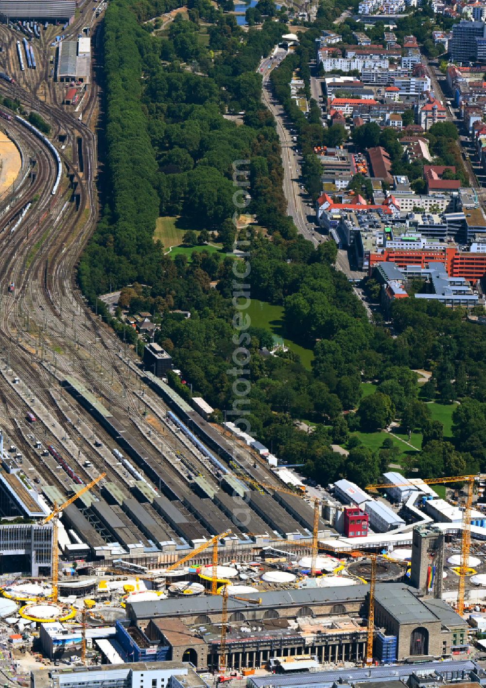 Stuttgart from above - Building of the main station of the railway and construction site for the development project Stuttgart 21 on place Arnulf-Klett-Platz in the district Stadtzentrum in Stuttgart in the state of Baden-Wurttemberg