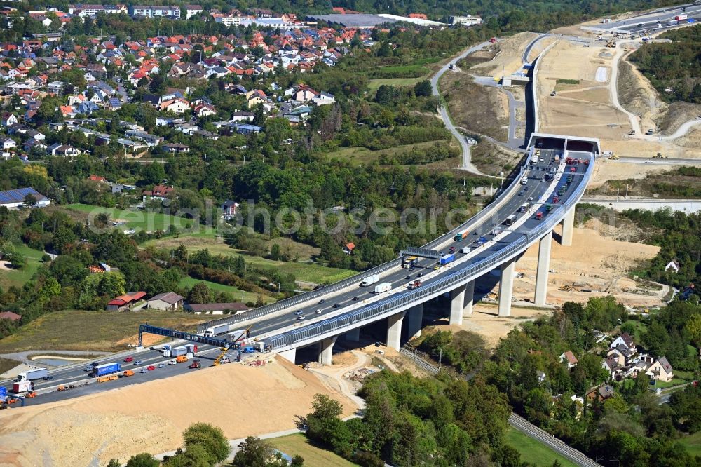 Würzburg from the bird's eye view: Construction work at the Heidingsfeld valley bridge of the federal motorway A3 in the South of Wuerzburg in the state of Bavaria