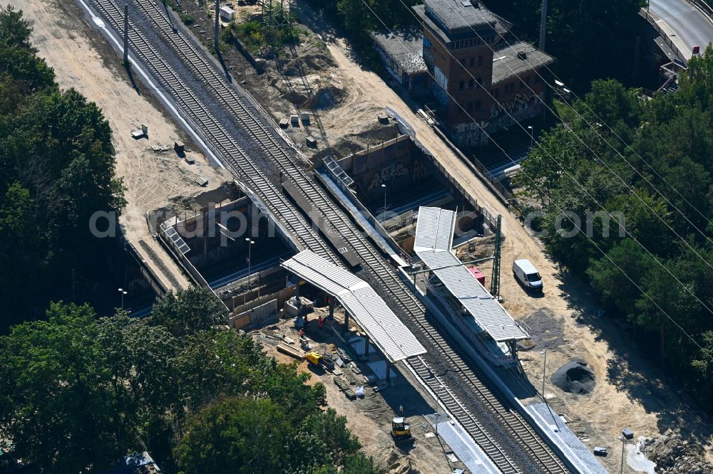 Aerial photograph Potsdam - Construction work to convert the track of the Pirschheide train station to the Potsdam-Pirschheide railway junction on the road to the Pirschheide train station in the Wildpark district in Potsdam in the state Brandenburg, Germany