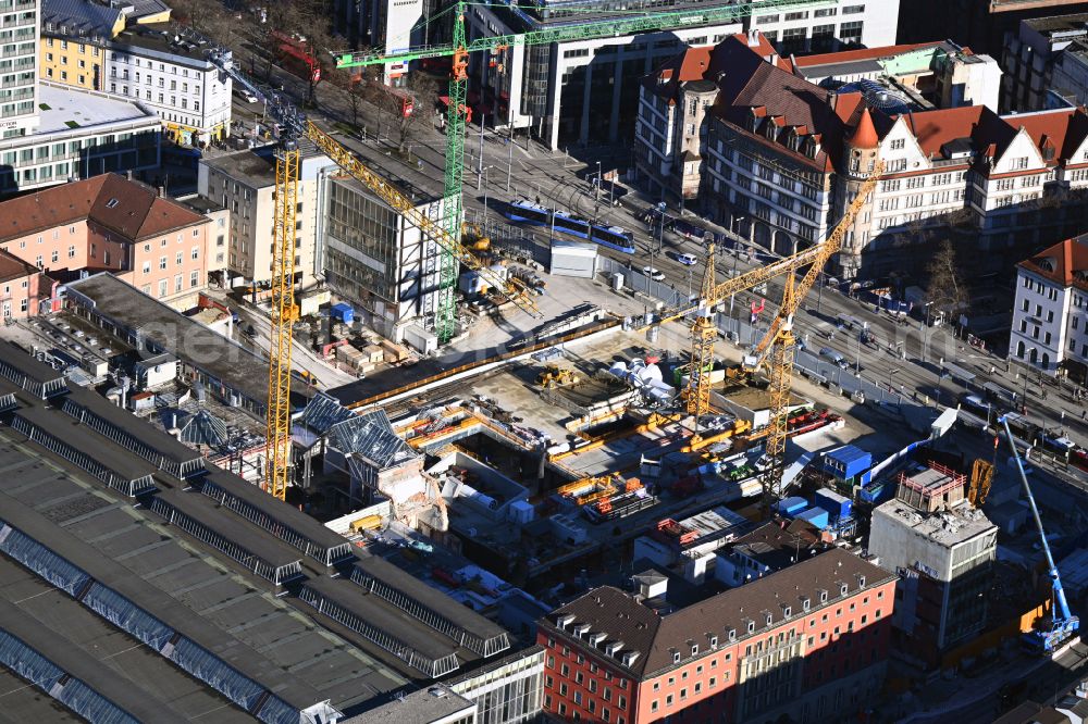 Aerial image München - Construction work for the reconstruction of the station building of Central Stationes on place Bahnhofplatz in the district Ludwigsvorstadt-Isarvorstadt in Munich in the state Bavaria, Germany