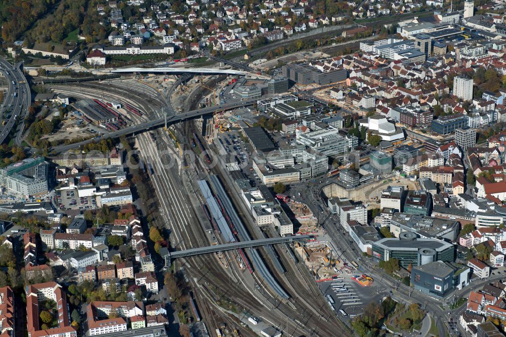 Ulm from above - Construction work for the reconstruction of the station building of Ulm Hbf in the district Offenhausen in Ulm in the state Baden-Wurttemberg, Germany