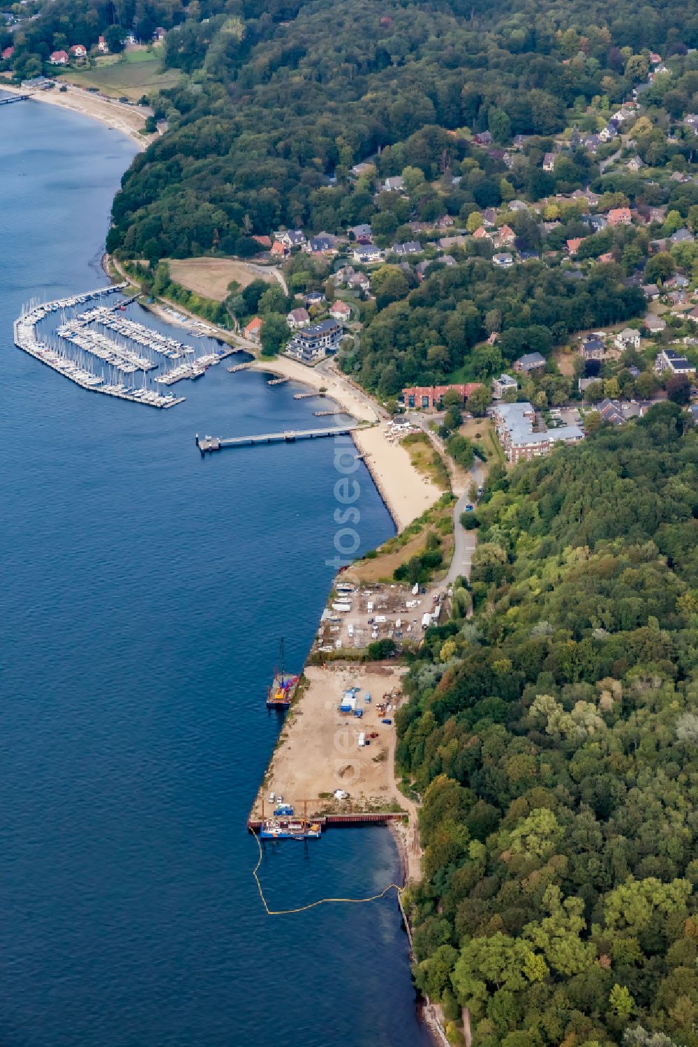 Mönkeberg from above - Construction work for the redevelopment on the former oil pier site on the Oelberg on the Kiel Fjord in Moenkeberg in the state Schleswig-Holstein, Germany