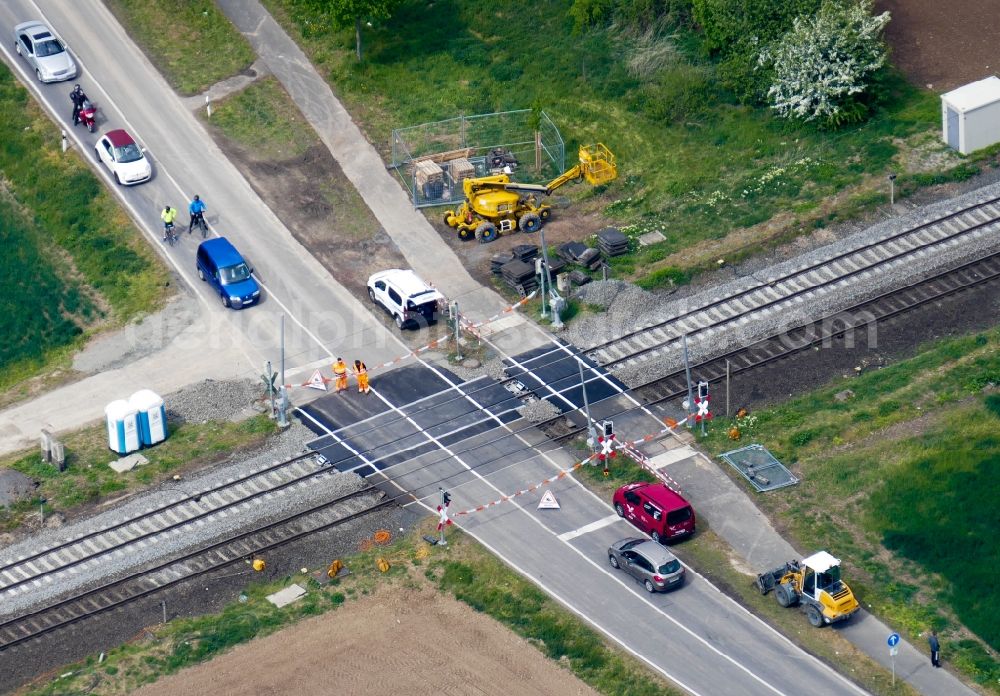 Friedland from the bird's eye view: Construction work for the reconstruction of the railway crossing in Friedland in the state Lower Saxony, Germany