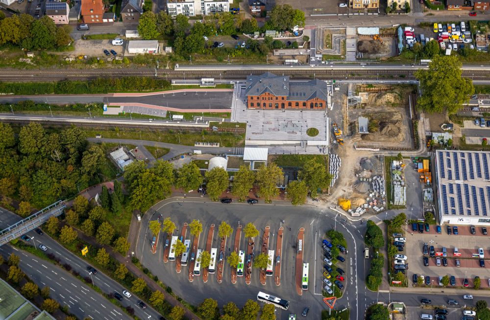 Dorsten from above - Construction work for the reconstruction of the station building of Bahnhof in Dorsten in the state North Rhine-Westphalia, Germany