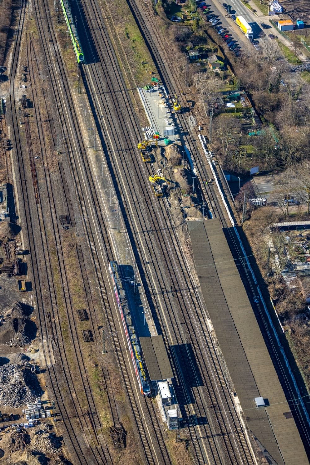 Aerial photograph Herne - Construction work for the reconstruction of the station building on Bahnhof in Herne at Ruhrgebiet in the state North Rhine-Westphalia, Germany
