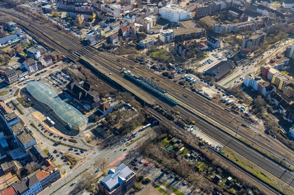Aerial image Herne - Construction work for the reconstruction of the station building on Bahnhof in Herne at Ruhrgebiet in the state North Rhine-Westphalia, Germany