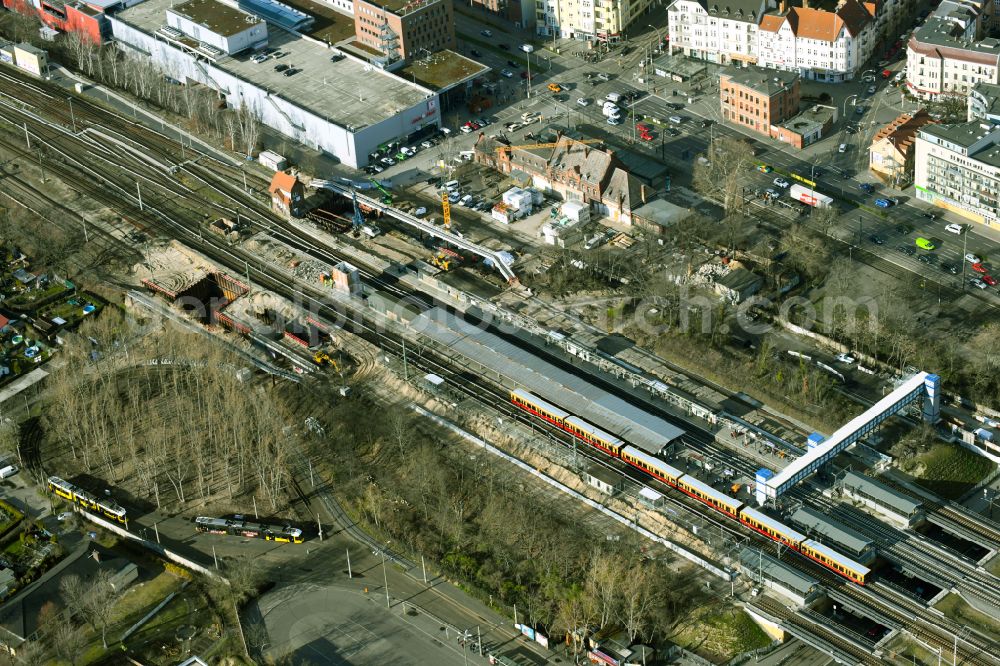 Berlin from above - Construction work for the reconstruction of the station building of S-Bahnhof Schoeneweide in the district Niederschoeneweide in Berlin, Germany