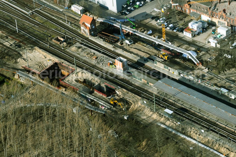Aerial image Berlin - Construction work for the reconstruction of the station building of S-Bahnhof Schoeneweide in the district Niederschoeneweide in Berlin, Germany