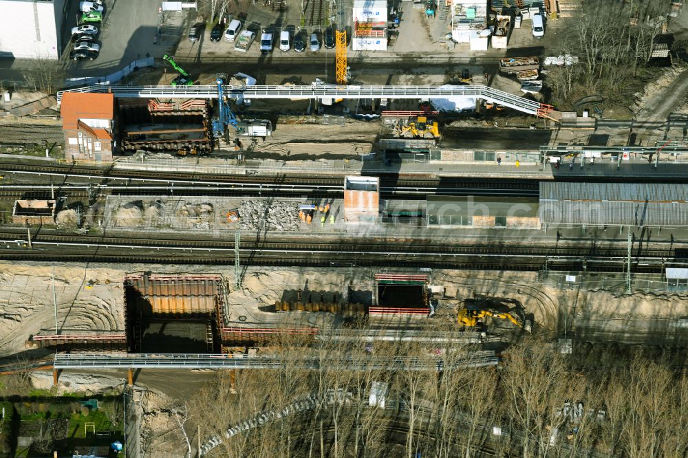 Berlin from above - Construction work for the reconstruction of the station building of S-Bahnhof Schoeneweide in the district Niederschoeneweide in Berlin, Germany