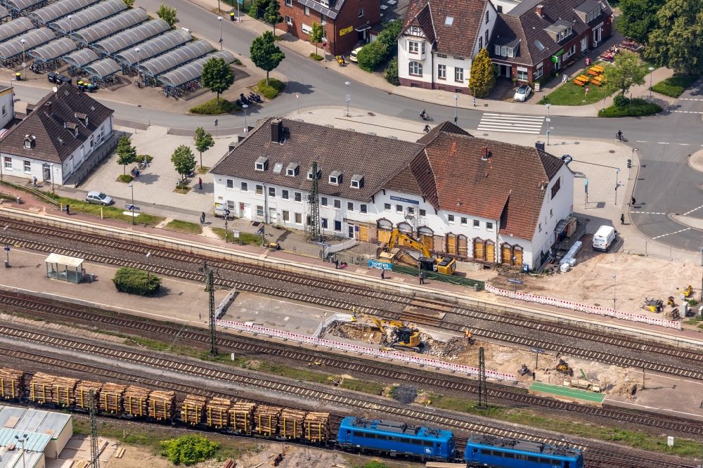 Haltern am See from the bird's eye view: Construction work for the reconstruction of the station building in Haltern am See in the state North Rhine-Westphalia, Germany