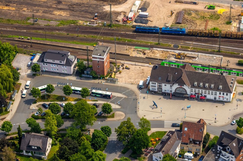 Aerial photograph Haltern am See - Construction work for the reconstruction of the station building in Haltern am See in the state North Rhine-Westphalia, Germany