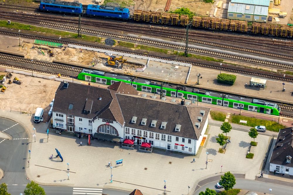 Haltern am See from above - Construction work for the reconstruction of the station building in Haltern am See in the state North Rhine-Westphalia, Germany