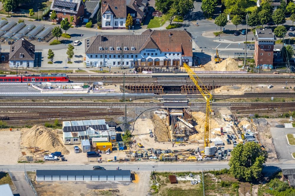 Aerial image Haltern am See - Construction work for the reconstruction of the station building in Haltern am See in the state North Rhine-Westphalia, Germany
