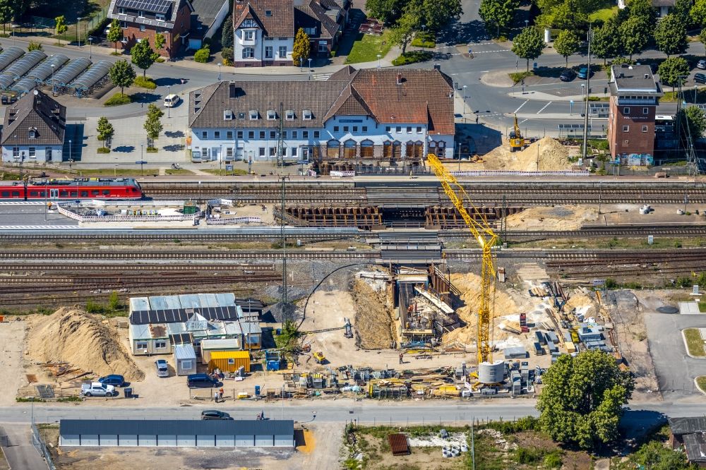 Aerial photograph Haltern am See - Construction work for the reconstruction of the station building in Haltern am See in the state North Rhine-Westphalia, Germany
