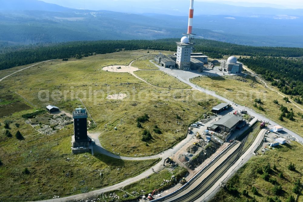 Aerial image Brocken - Construction work for the reconstruction of the station building of Harzer Schmalspurbahnen GmbH on Brocken in the state Saxony-Anhalt, Germany