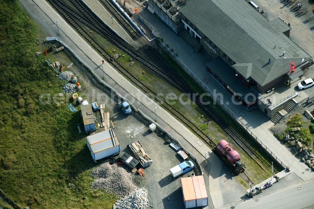 Aerial photograph Brocken - Construction work for the reconstruction of the station building of Harzer Schmalspurbahnen GmbH on Brocken in the state Saxony-Anhalt, Germany