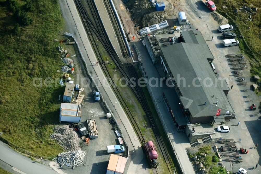 Brocken from above - Construction work for the reconstruction of the station building of Harzer Schmalspurbahnen GmbH on Brocken in the state Saxony-Anhalt, Germany