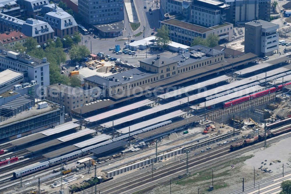 Aerial image Augsburg - Construction work for the reconstruction of the station building Central Station of Deutschen Bahn in Augsburg in the state Bavaria, Germany