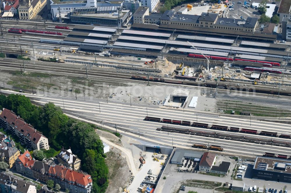 Aerial photograph Augsburg - Construction work for the reconstruction of the station building Central Station of Deutschen Bahn in Augsburg in the state Bavaria, Germany