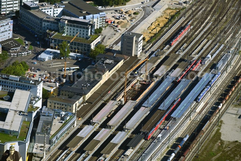 Augsburg from above - Construction work for the reconstruction of the station building Central Station of Deutschen Bahn in Augsburg in the state Bavaria, Germany