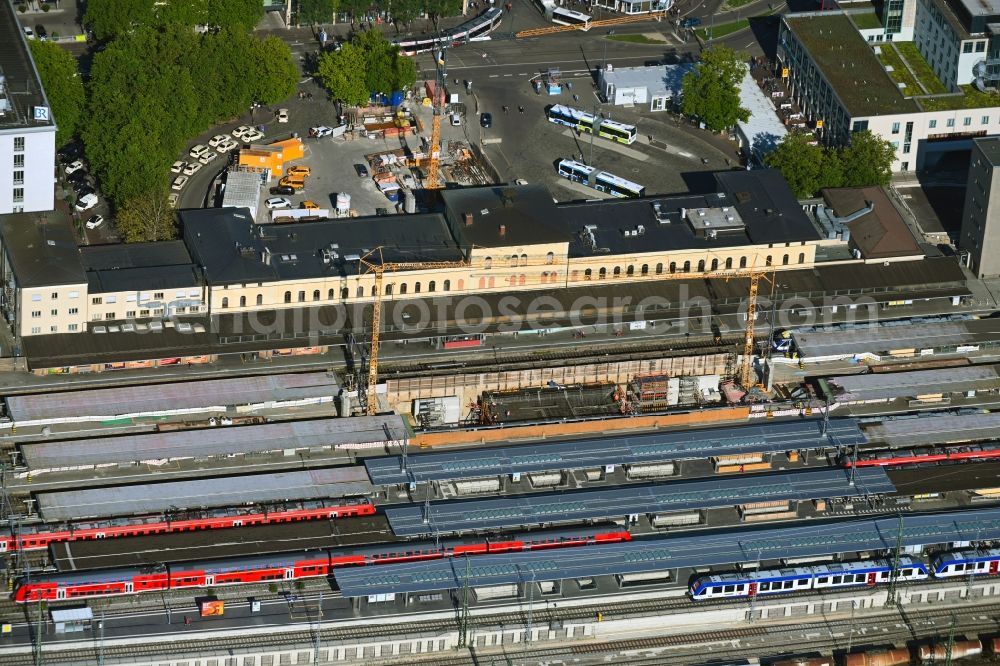 Augsburg from above - Construction work for the reconstruction of the station building Central Station of Deutschen Bahn in Augsburg in the state Bavaria, Germany