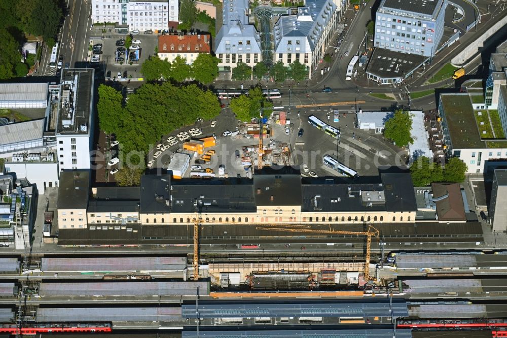 Augsburg from the bird's eye view: Construction work for the reconstruction of the station building Central Station of Deutschen Bahn in Augsburg in the state Bavaria, Germany