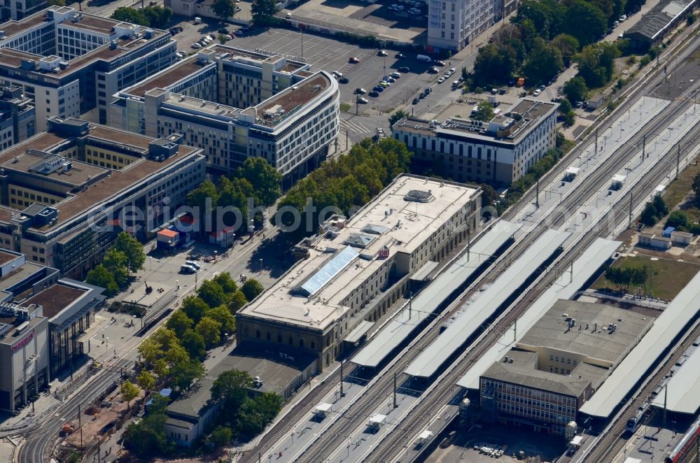 Aerial image Magdeburg - Construction work for the reconstruction of the station building at the main railway station of the Deutsche Bahn in Magdeburg in the state Saxony-Anhalt, Germany