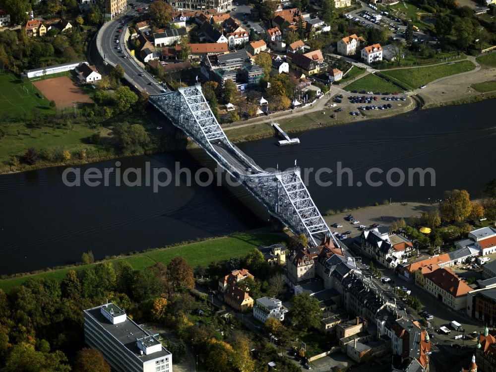 Dresden from above - Monument of the road Blue Wonder bridge over the banks of the Elbe in Dresden in Saxony