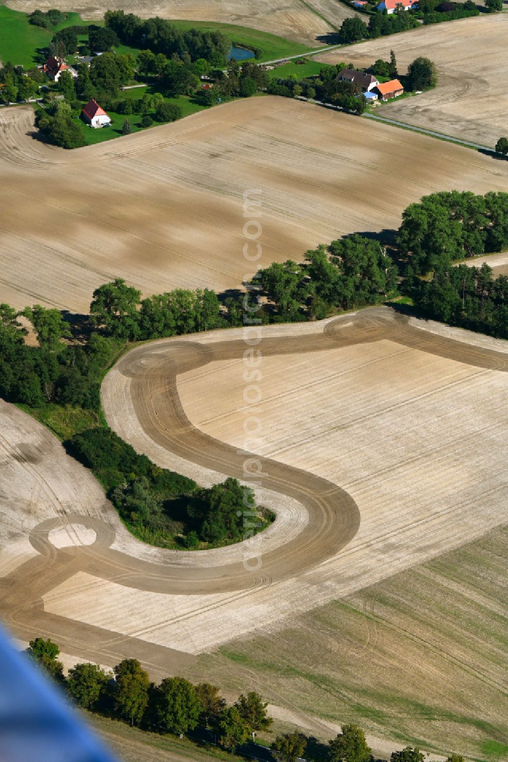Philippshof from the bird's eye view: Island of trees in a harvested field in Philippshof in the state Mecklenburg - Western Pomerania, Germany