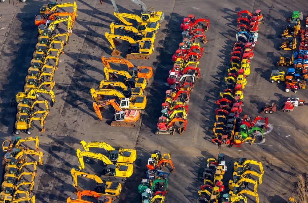 Aerial photograph Dormagen - Construction and agricultural machinery storage area of Euro Auctions GmbH in the industrial area in Dormagen in North Rhine-Westphalia