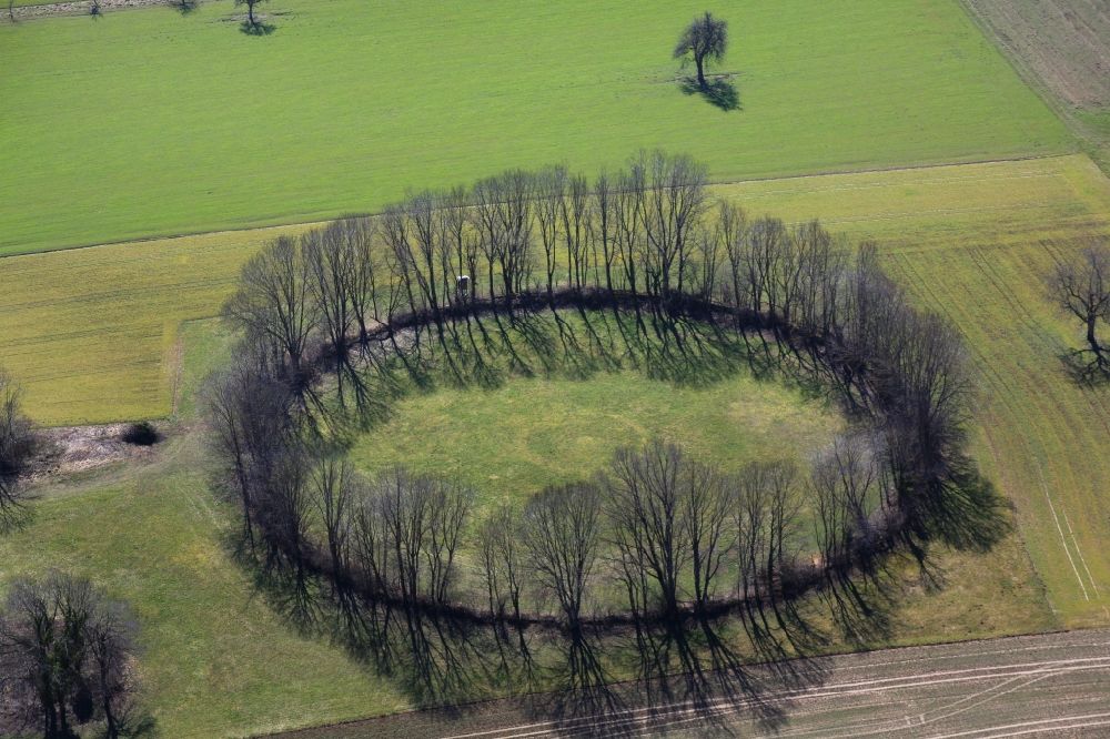 Aerial photograph Maulburg - Overlooking the Tree Circle in Maulburg in Baden-Wuerttemberg. Not the Celts, but remnants of the Second World War have created this tree circle in Maulburg. On the mountain ridge of the Dinkelberg between the southern Black Forest and the Swiss border in the last years of the war a radio direction finding station with a large rotating directional antenna was installed. It was used for aircraft positioning. After the war the plant was dismantled, but the circular foundation not completely. Meanwhile bushes and trees have grown as a circular wood from the remains of the foundation