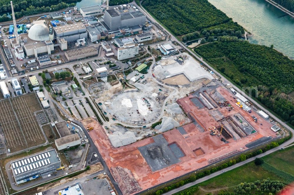 Philippsburg from the bird's eye view: Remains of the decommissioned reactor blocks and facilities of the nuclear power plant - KKW Kernkraftwerk EnBW Kernkraft GmbH, Philippsburg nuclear power plant and rubble of the two cooling towers in Philippsburg in the state Baden-Wuerttemberg, Germany