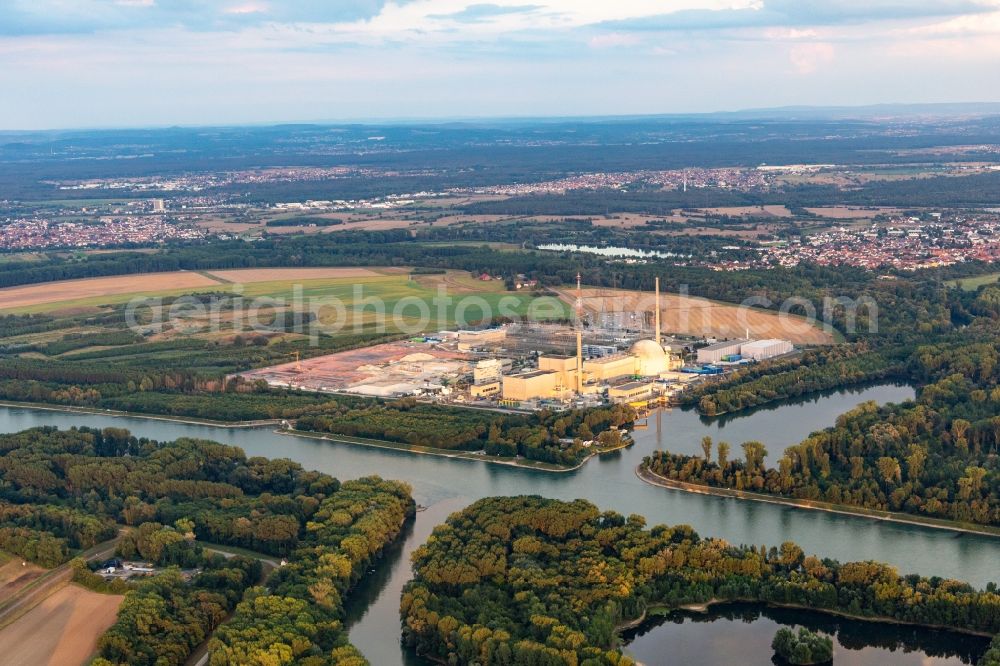 Aerial image Philippsburg - Remains of the decommissioned reactor blocks and facilities of the nuclear power plant - KKW Kernkraftwerk EnBW Kernkraft GmbH, Philippsburg nuclear power plant and rubble of the two cooling towers at the shore of the Rhine river in Philippsburg in the state Baden-Wuerttemberg, Germany
