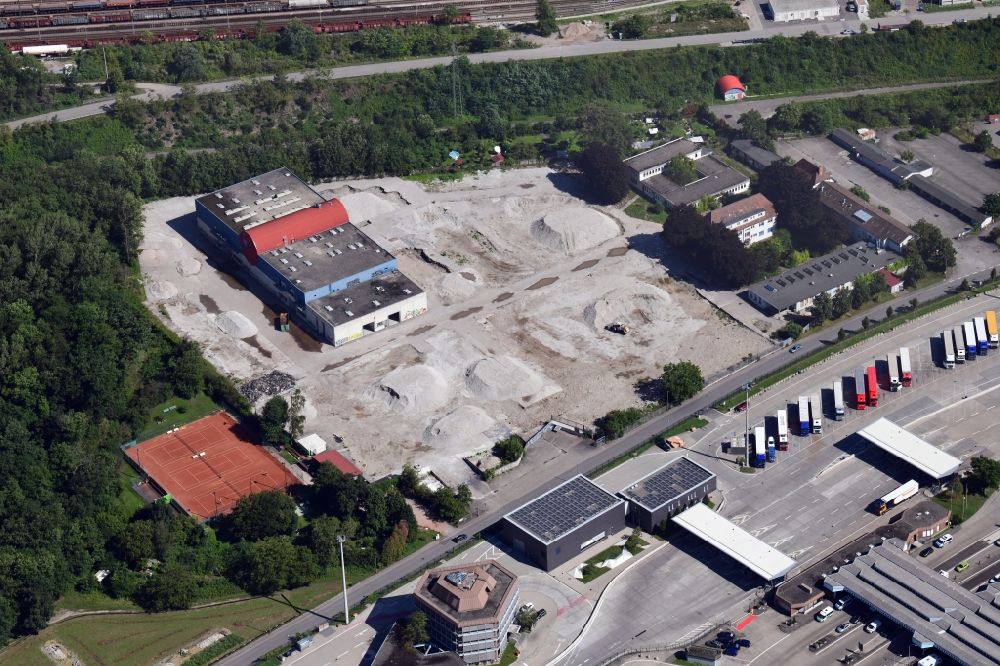 Aerial image Weil am Rhein - Demolition and dismantling of buildings on the former factory grounds of foil manufacturer Lofo at the motorway border control Germany / Switzerland in Weil am Rhein in the state Baden-Wurttemberg, Germany
