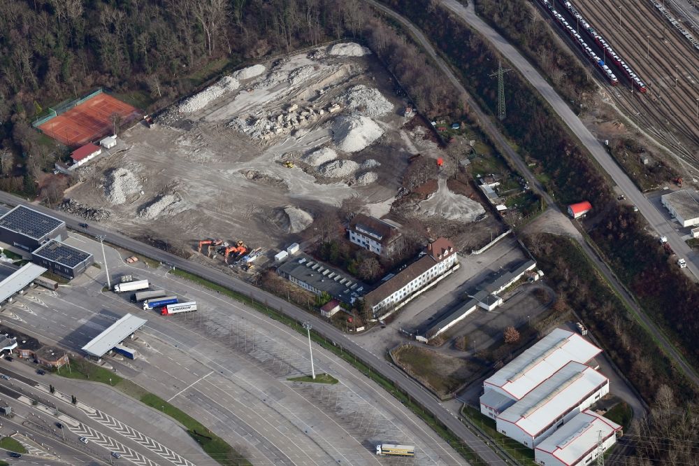 Aerial photograph Weil am Rhein - Demolition and dismantling of buildings on the former factory grounds of foil manufacturer Lofo at the motorway border control Germany / Switzerland in Weil am Rhein in the state Baden-Wurttemberg, Germany