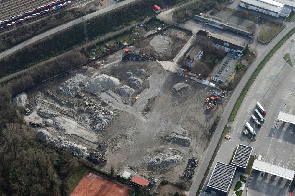 Aerial image Weil am Rhein - Demolition and dismantling of buildings on the former factory grounds of foil manufacturer Lofo at the motorway border control Germany / Switzerland in Weil am Rhein in the state Baden-Wurttemberg, Germany