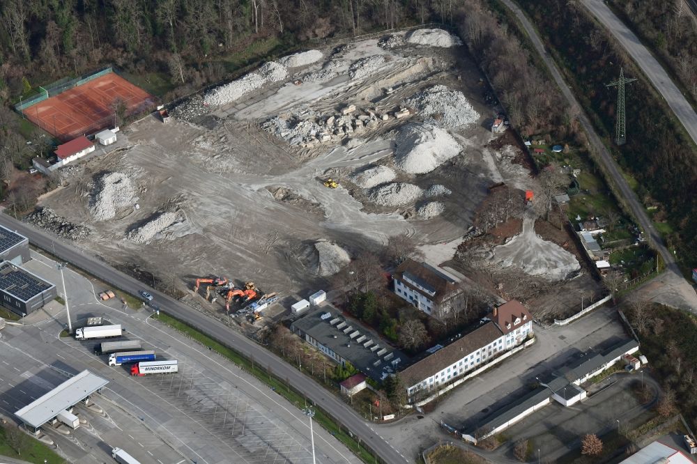 Aerial photograph Weil am Rhein - Demolition and dismantling of buildings on the former factory grounds of foil manufacturer Lofo at the motorway border control Germany / Switzerland in Weil am Rhein in the state Baden-Wurttemberg, Germany
