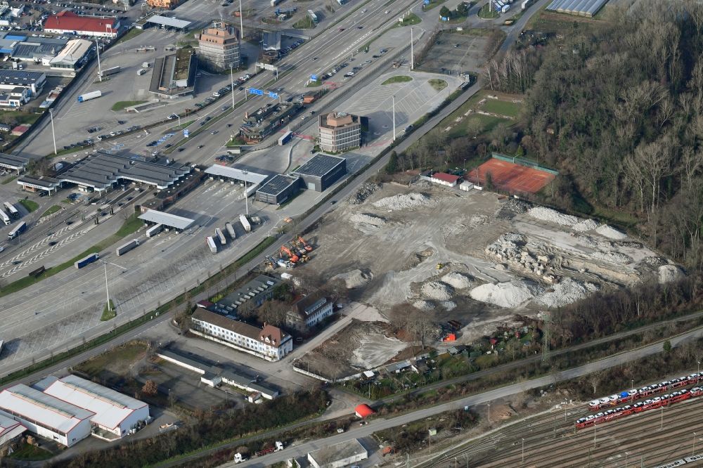 Weil am Rhein from above - Demolition and dismantling of buildings on the former factory grounds of foil manufacturer Lofo at the motorway border control Germany / Switzerland in Weil am Rhein in the state Baden-Wurttemberg, Germany