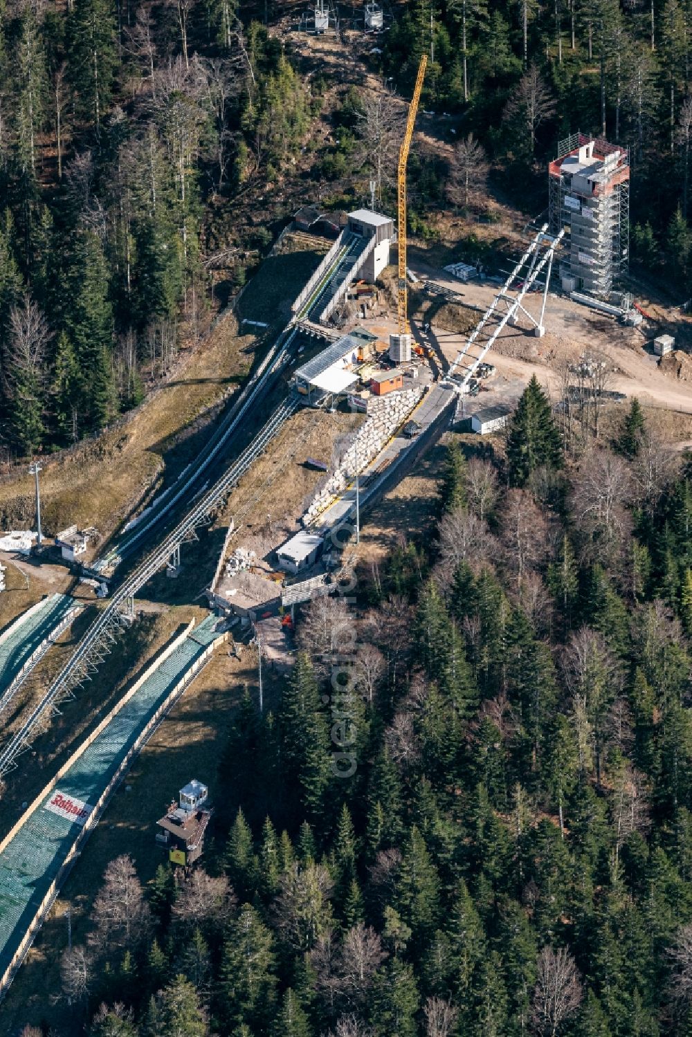 Hinterzarten from above - Training and competitive sports center of the ski jump Baustelle in Hinterzarten in the state Baden-Wuerttemberg, Germany