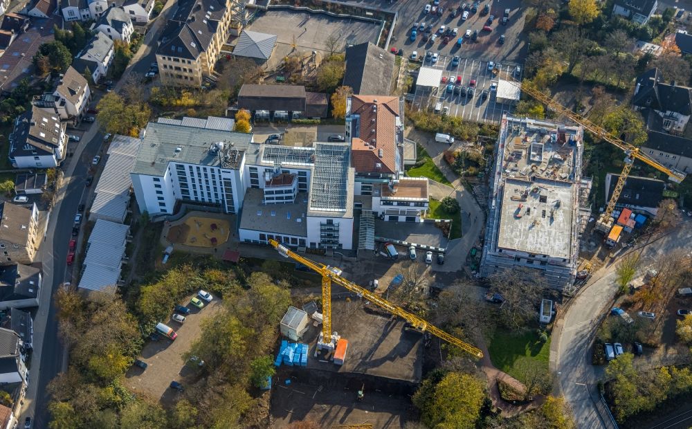 Aerial photograph Herdecke - Construction site from the construction of a senior and age-appropriate residential complex on Goethestrasse in the district Westende in Herdecke in the state North Rhine-Westphalia, Germany