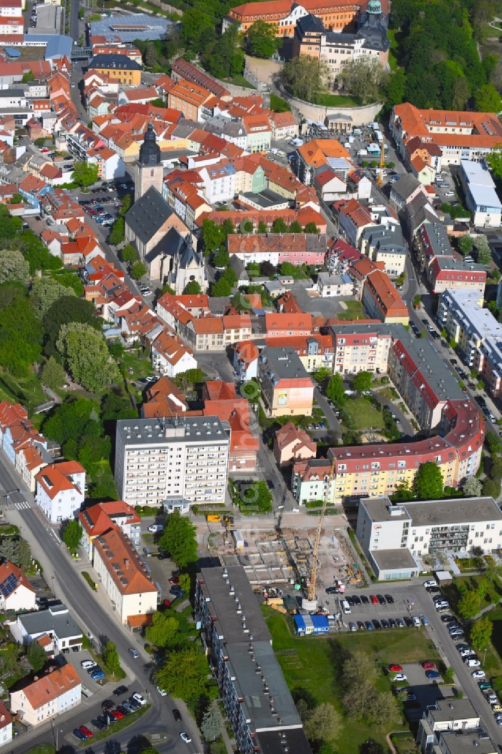 Aerial image Sondershausen - Construction site from the construction of a senior and age-appropriate residential complex on Weizenstrasse in the district Bendeleben in Sondershausen in the state Thuringia, Germany