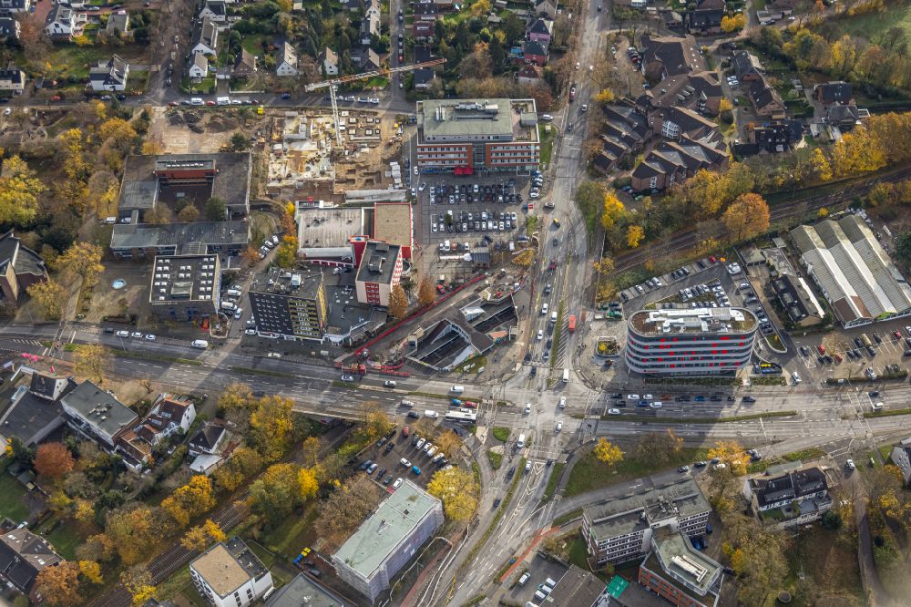 Duisburg from above - Construction site from the construction of a senior and age-appropriate residential complex on street Sittardsberger Allee - Swakopmunder Strasse in the district Huckingen in Duisburg at Ruhrgebiet in the state North Rhine-Westphalia, Germany