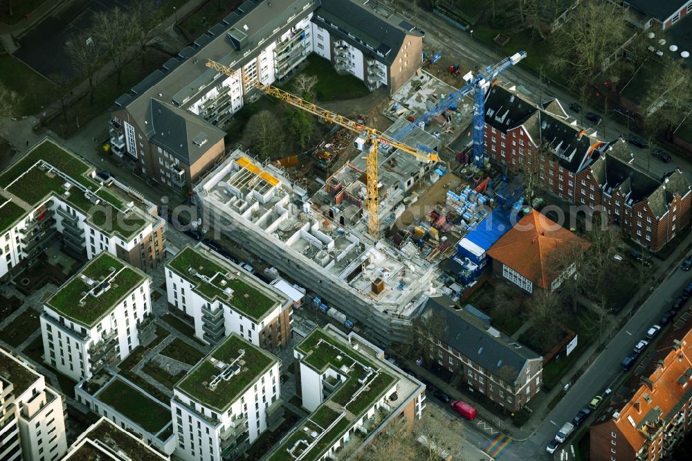 Hamburg from the bird's eye view: Construction site from the construction of a senior and age-appropriate residential complex Alexanderstrasse corner Minenstrasse in the district Sankt Georg in Hamburg, Germany