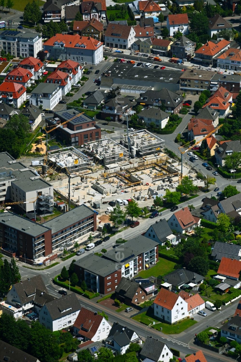 Aerial image Rheda - Construction site from the construction of a senior and age-appropriate residential complex Seniorenzentrum St. Elisabeth in Rheda in the state North Rhine-Westphalia, Germany