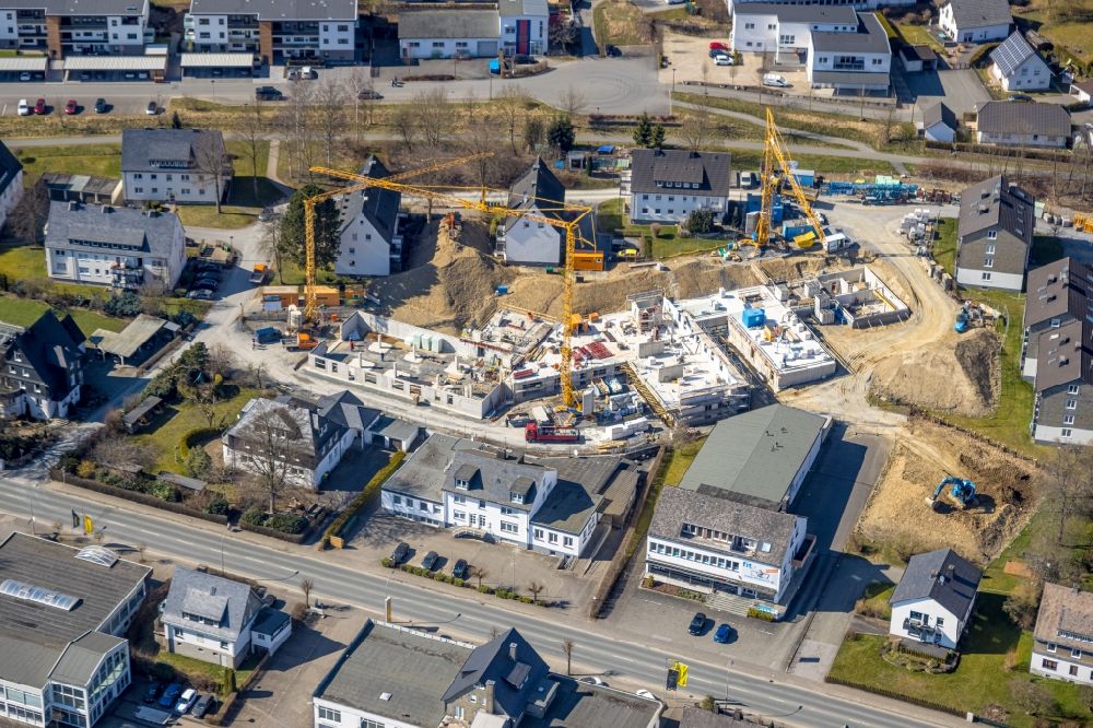 Aerial photograph Schmallenberg - Construction site from the construction of a senior and age-appropriate residential complex Weitblick Hohe Fohr in Schmallenberg at Sauerland in the state North Rhine-Westphalia, Germany