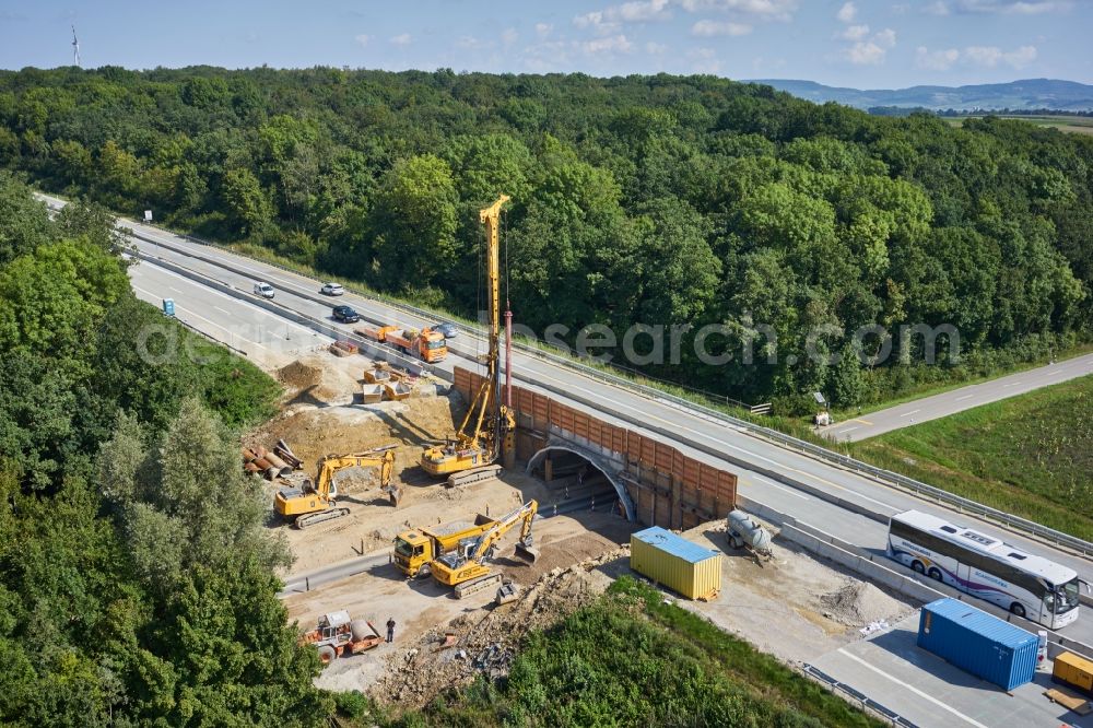 Aerial photograph Gollhofen - Construction site for the new building of Routing and traffic lanes over the highway bridge in the motorway A in Gollhofen in the state Bavaria, Germany